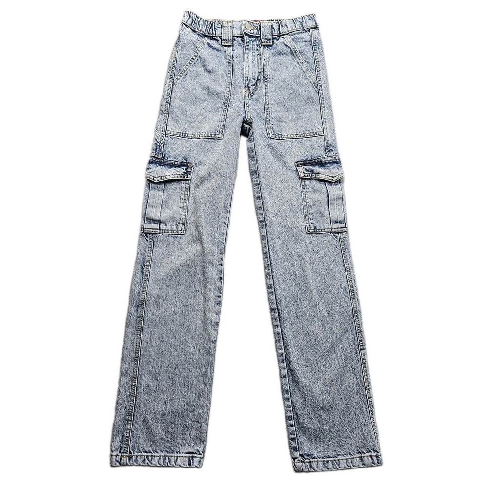 Red Label Cargo Jeans Big Boys 26x29 Blue Acid Wash Elastic Waist Slim Fit